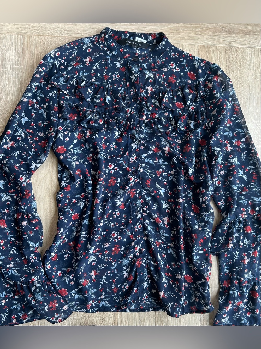Walter Baker Navy Floral Ruffle Blouse with Red Accents Ruched XS